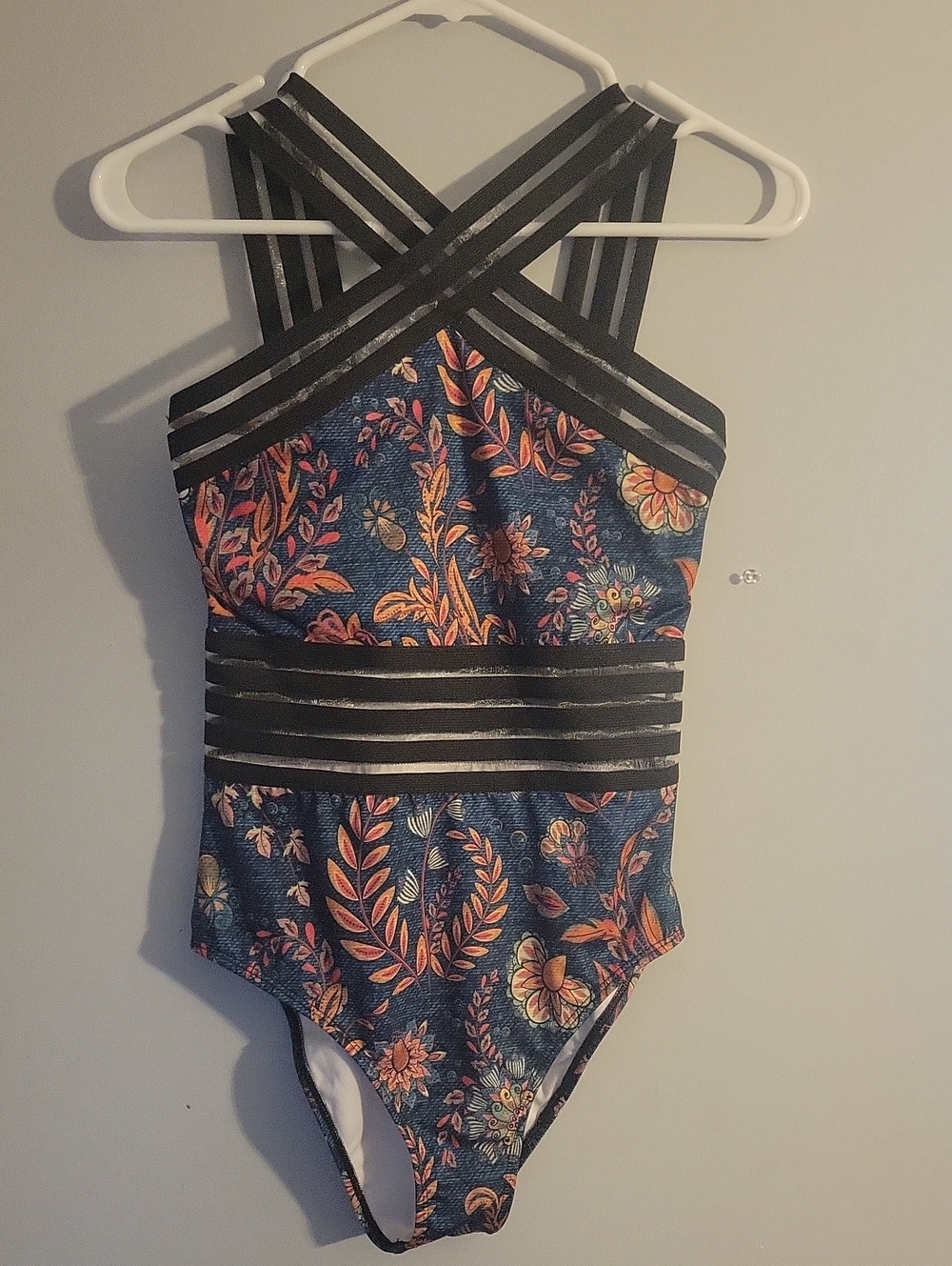 aerie Navy Floral One-Piece with Black Strappy Accents